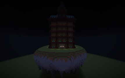 A massive medieval tower base built on a grassy floating island in Minecraft