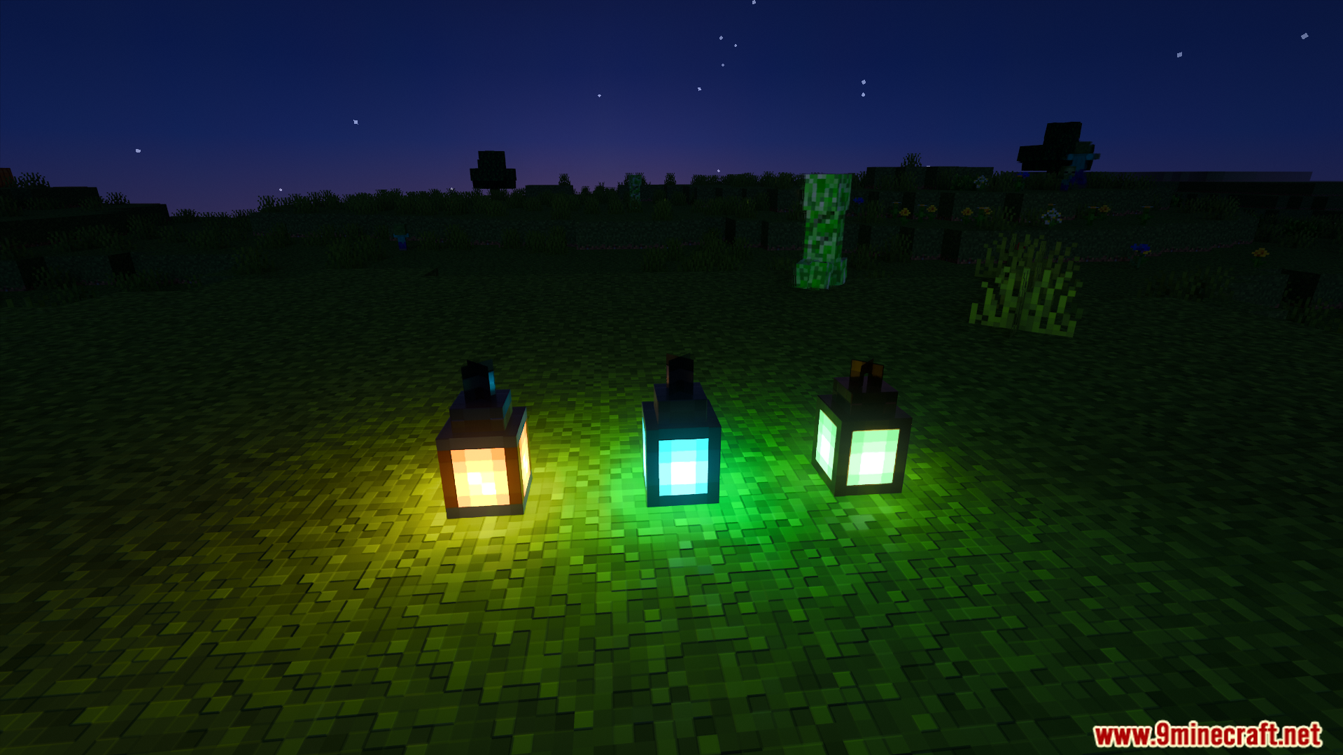 Blocks with special lighting details glow brightly in the dark world