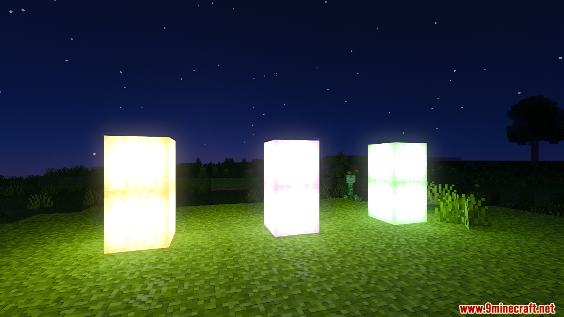 Glowing blocks illuminate the grassy field with beautiful ray tracing effects