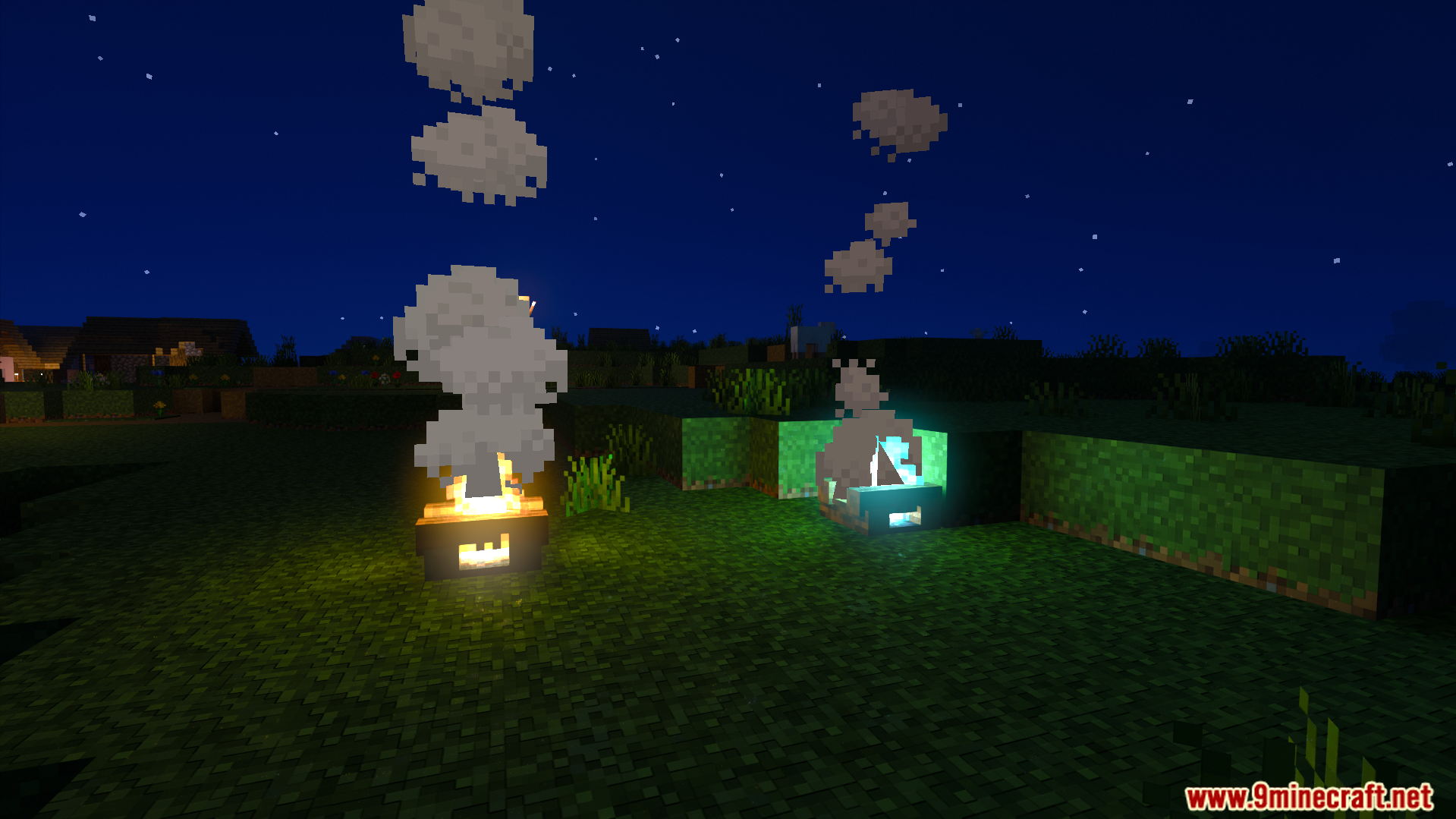 Campfires with special lighting details and glowing effects at night