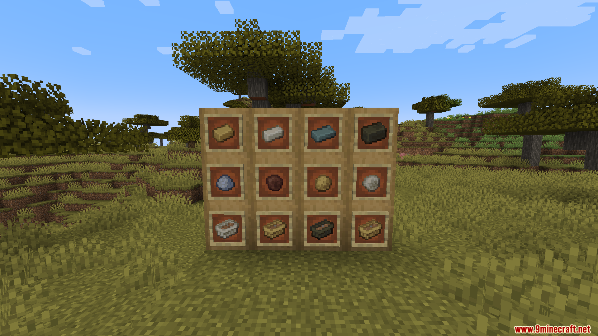 Lilis Pottery Mod Screenshot 11 Display board showing various colored clay balls bricks and crafted pottery items