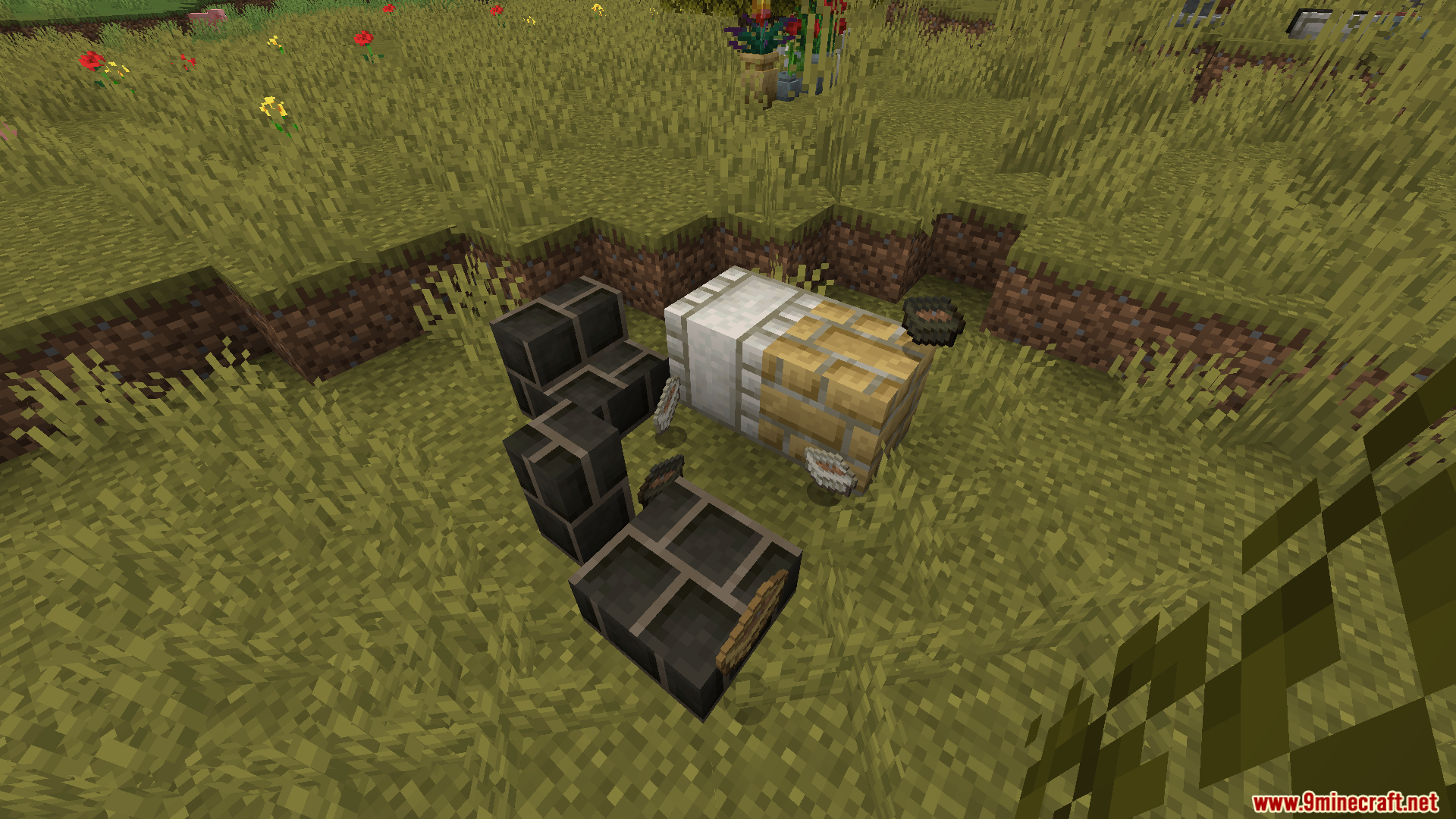 Lilis Pottery Mod Screenshot 12 Dark kiln blocks pottery table and small ceramic pots placed on grass
