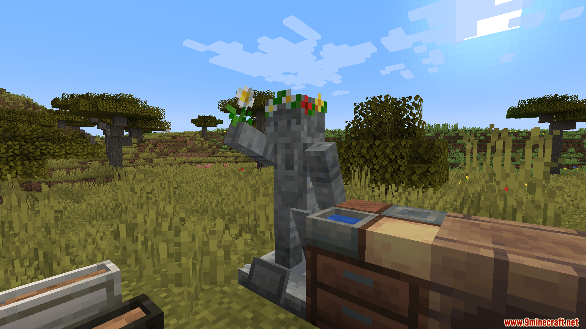 Lilis Pottery Mod Screenshot 6 Stone statue wearing a flower crown next to wooden pottery crafting tables