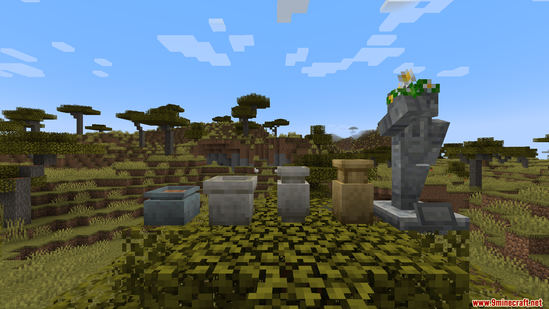 Lilis Pottery Mod Screenshot 9 Various decorative ceramic pots vases and a stone statue displayed outdoors