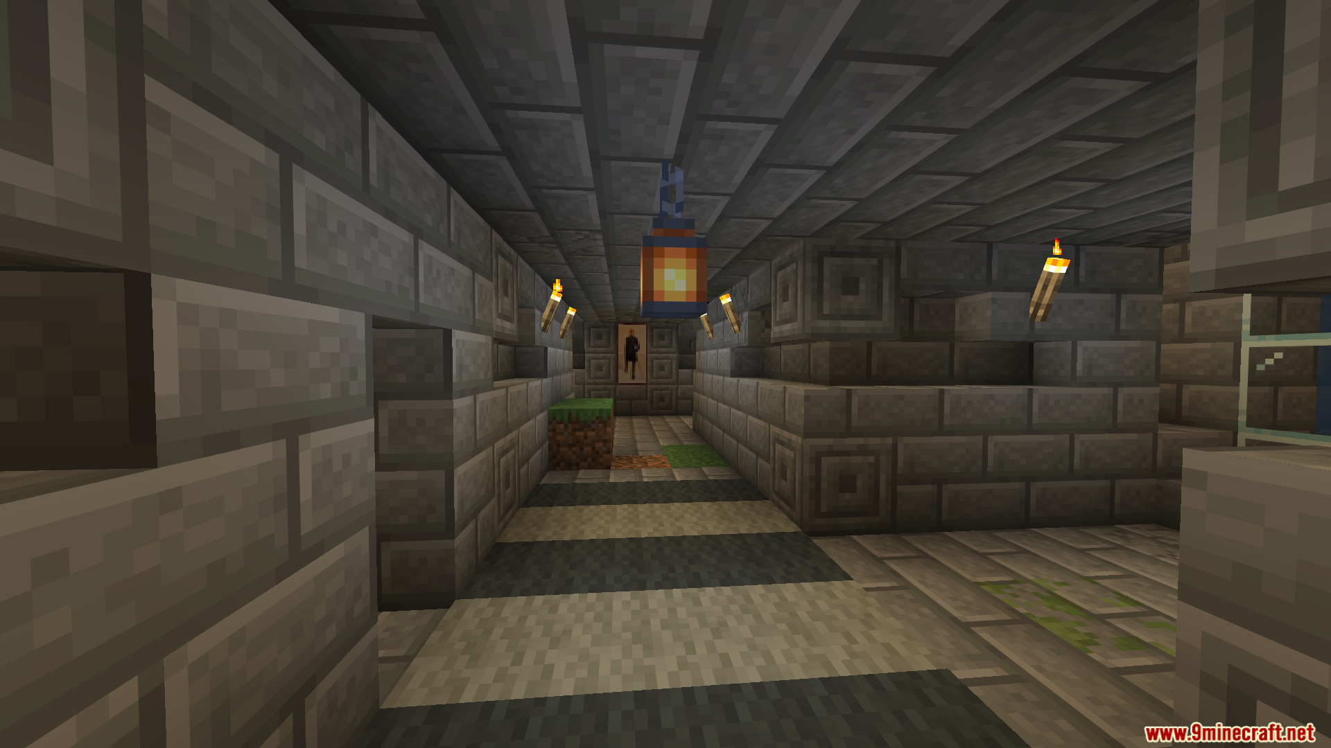 Decorated stone hallway with a banner at the end