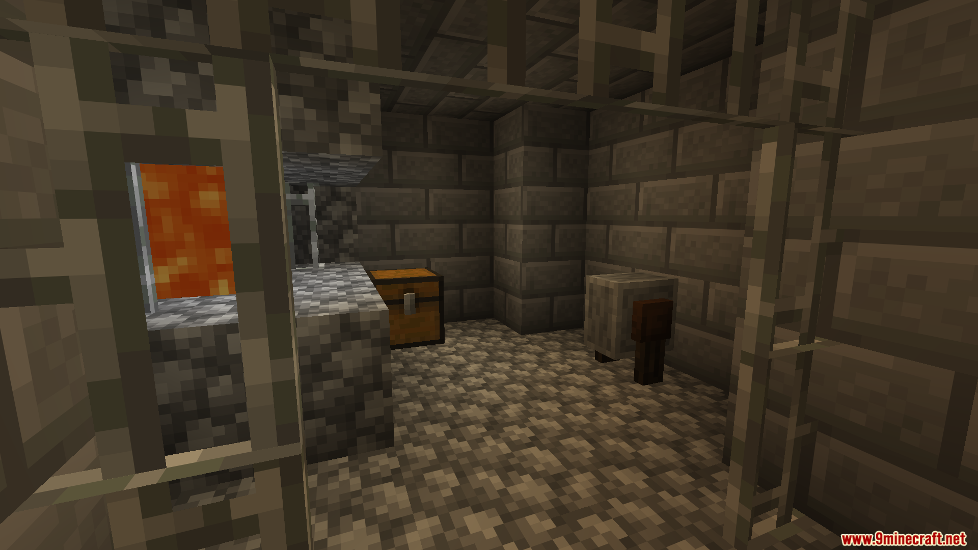 Stone jail cell with a chest and lava window