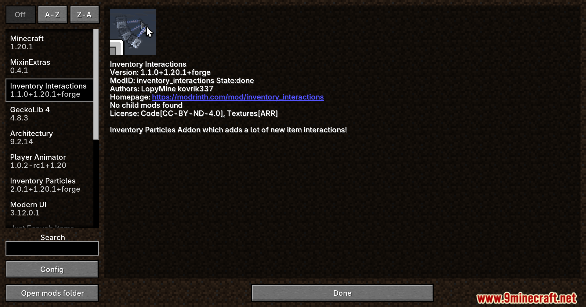 Inventory Interactions mod details in the mods menu
