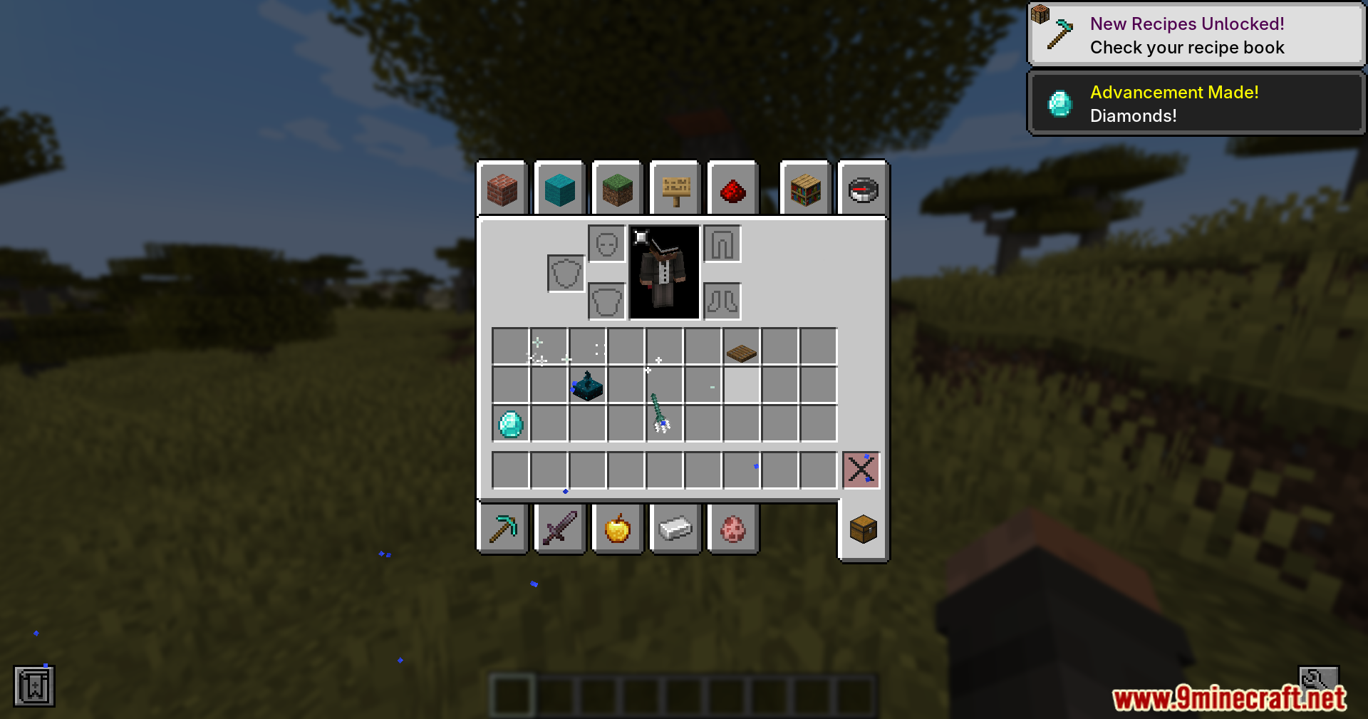 Player gets the Diamonds advancement with item physics