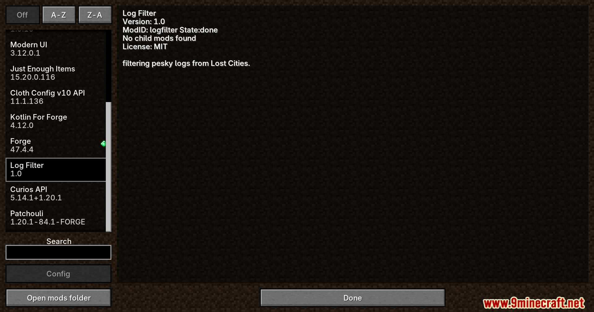 Log Filter mod highlighted in the Minecraft mod list