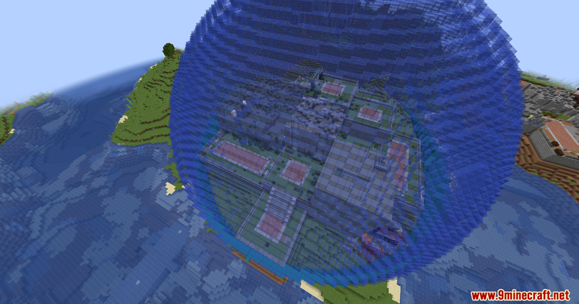An entire city enclosed within a massive blue glass sphere