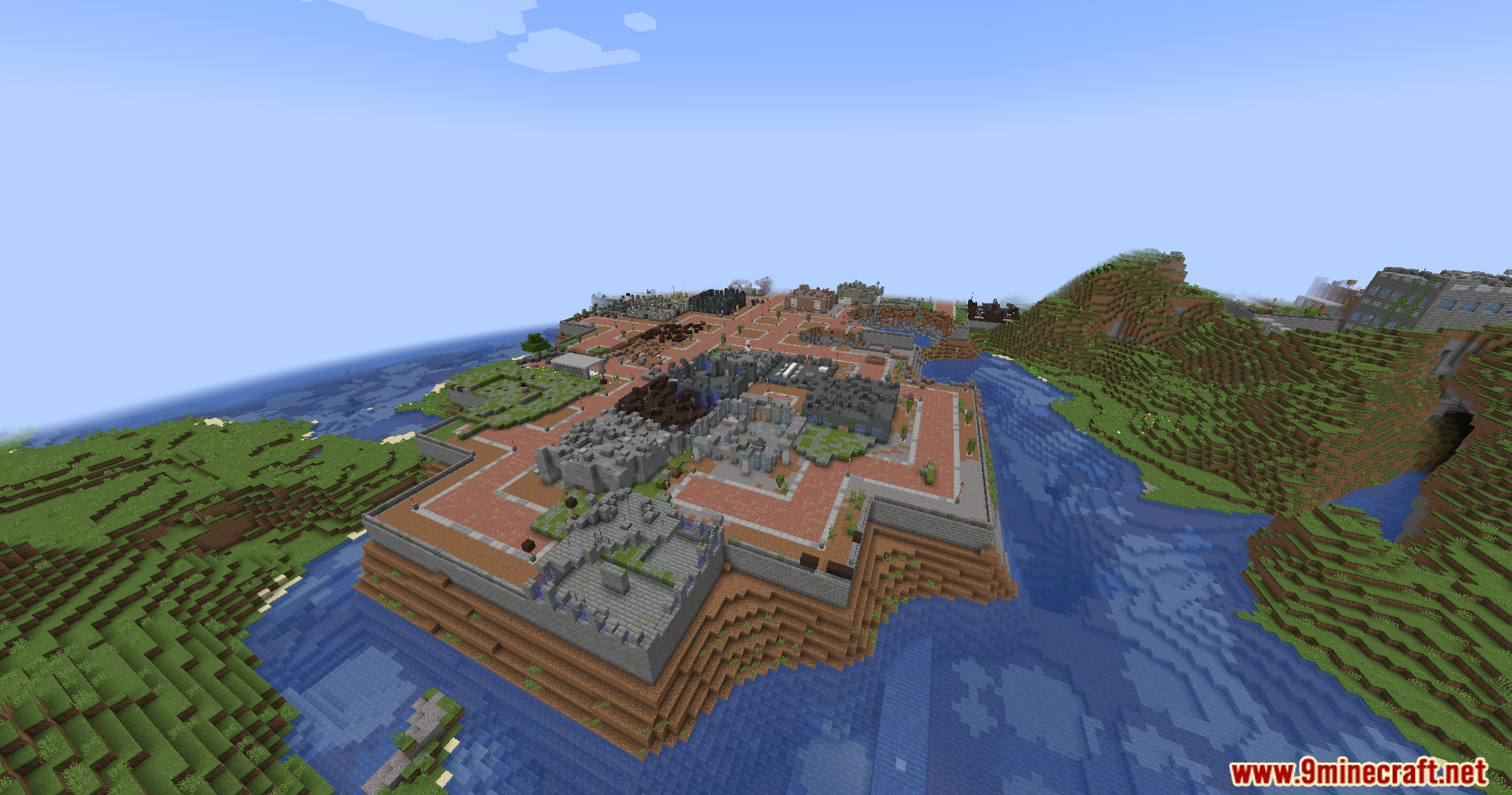 An aerial perspective of a ruined city on a plateau