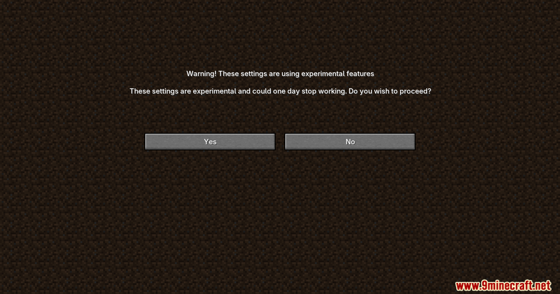 A warning message about using experimental features