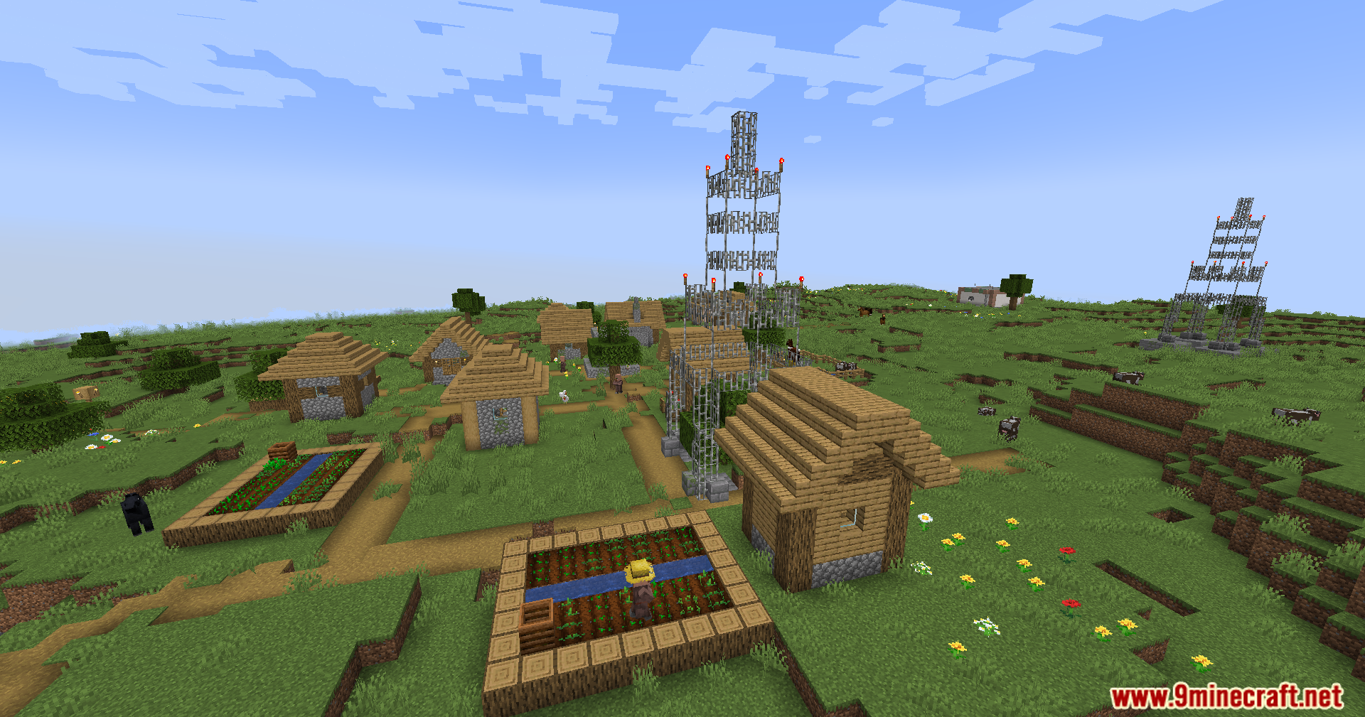 Large metal towers built throughout a Minecraft village