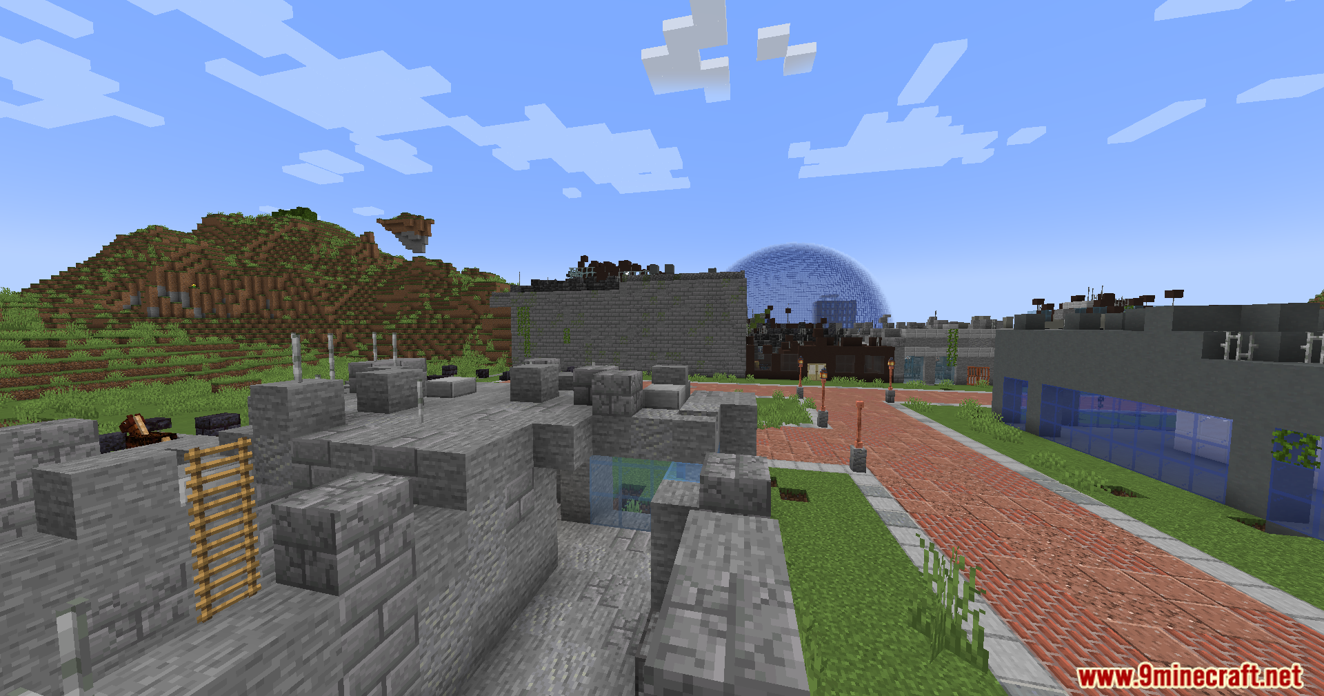 A ruined stone bunker with a large glass dome nearby