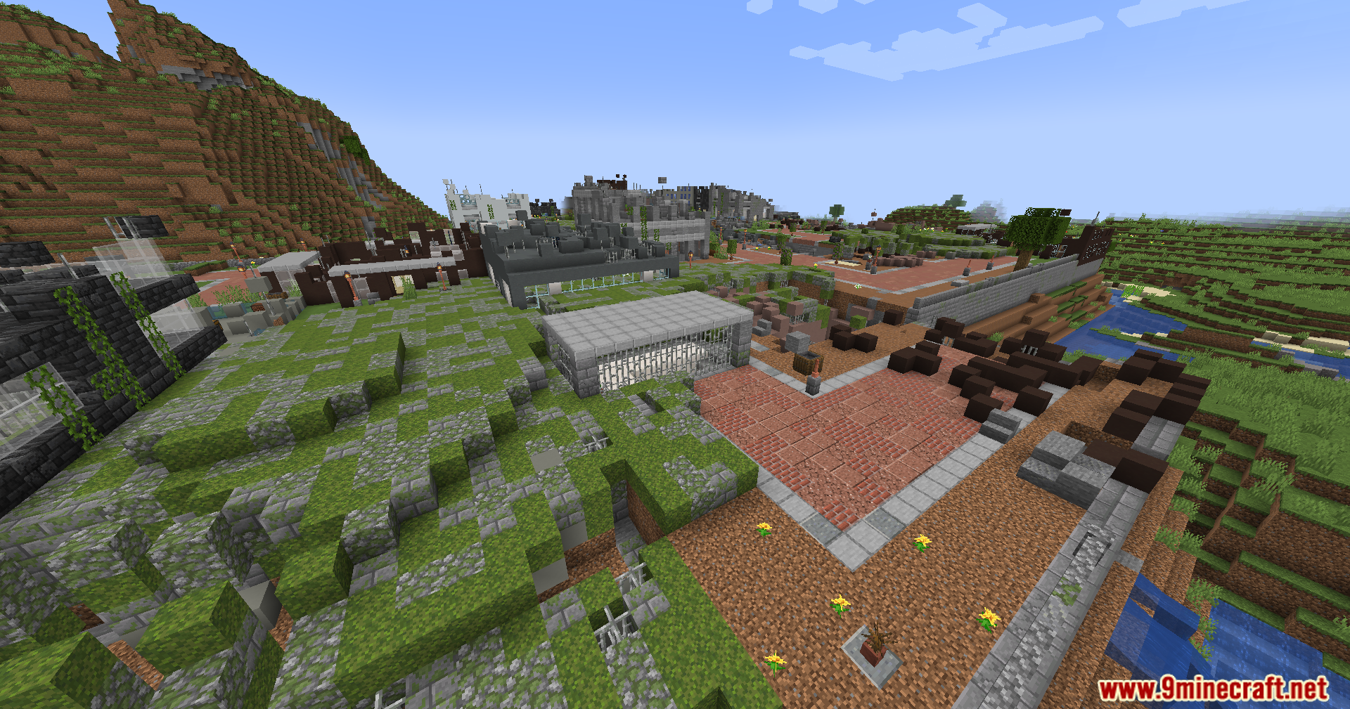 An abandoned city with crumbling buildings and overgrown nature