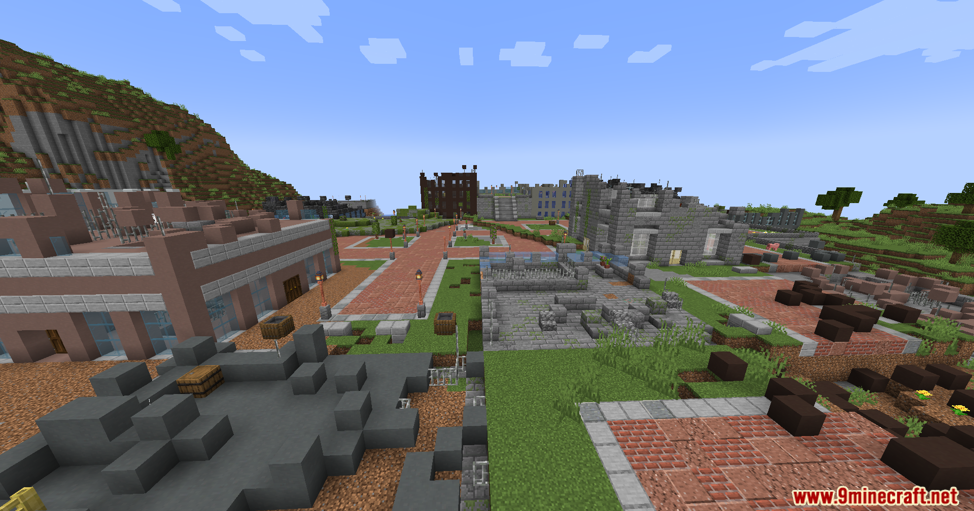 Overgrown streets and ruined buildings in an abandoned city