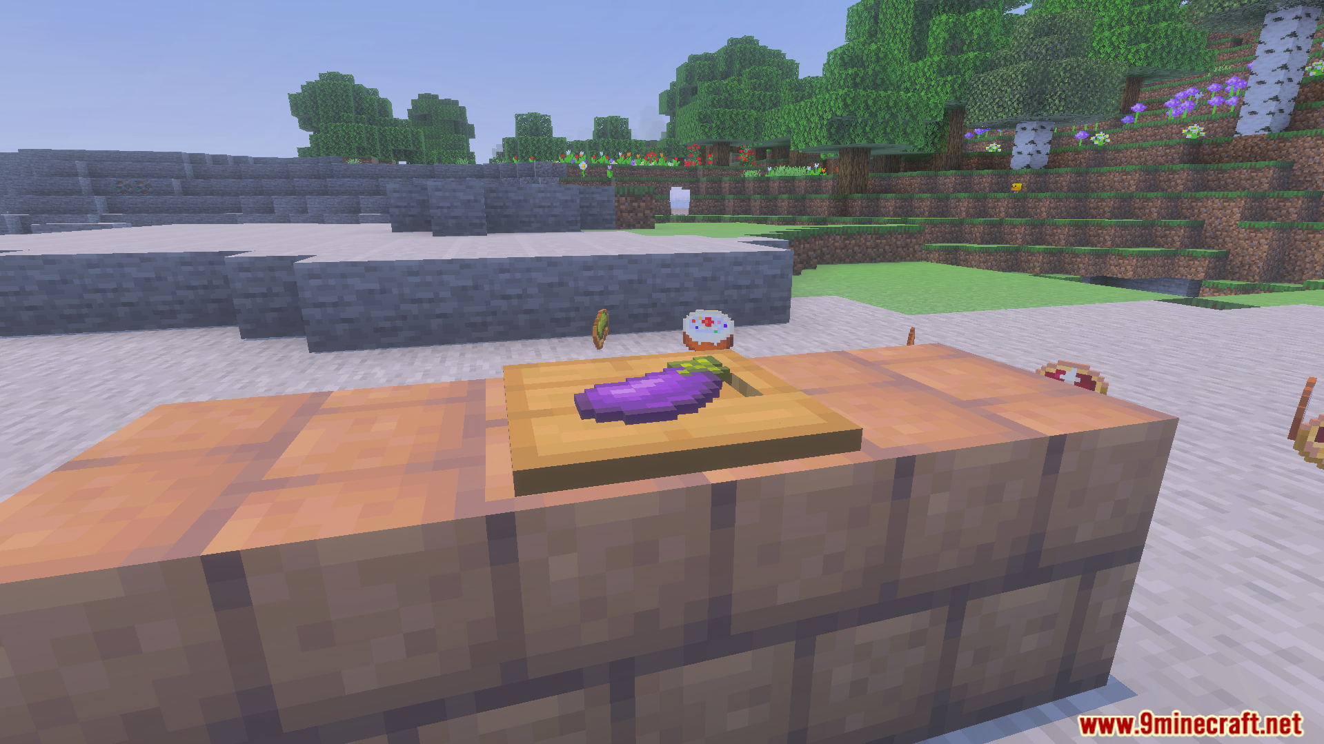 Loyallays Food Expansion Addon Screenshot 10 purple eggplant placed on a wooden cutting board block ready to be prepared