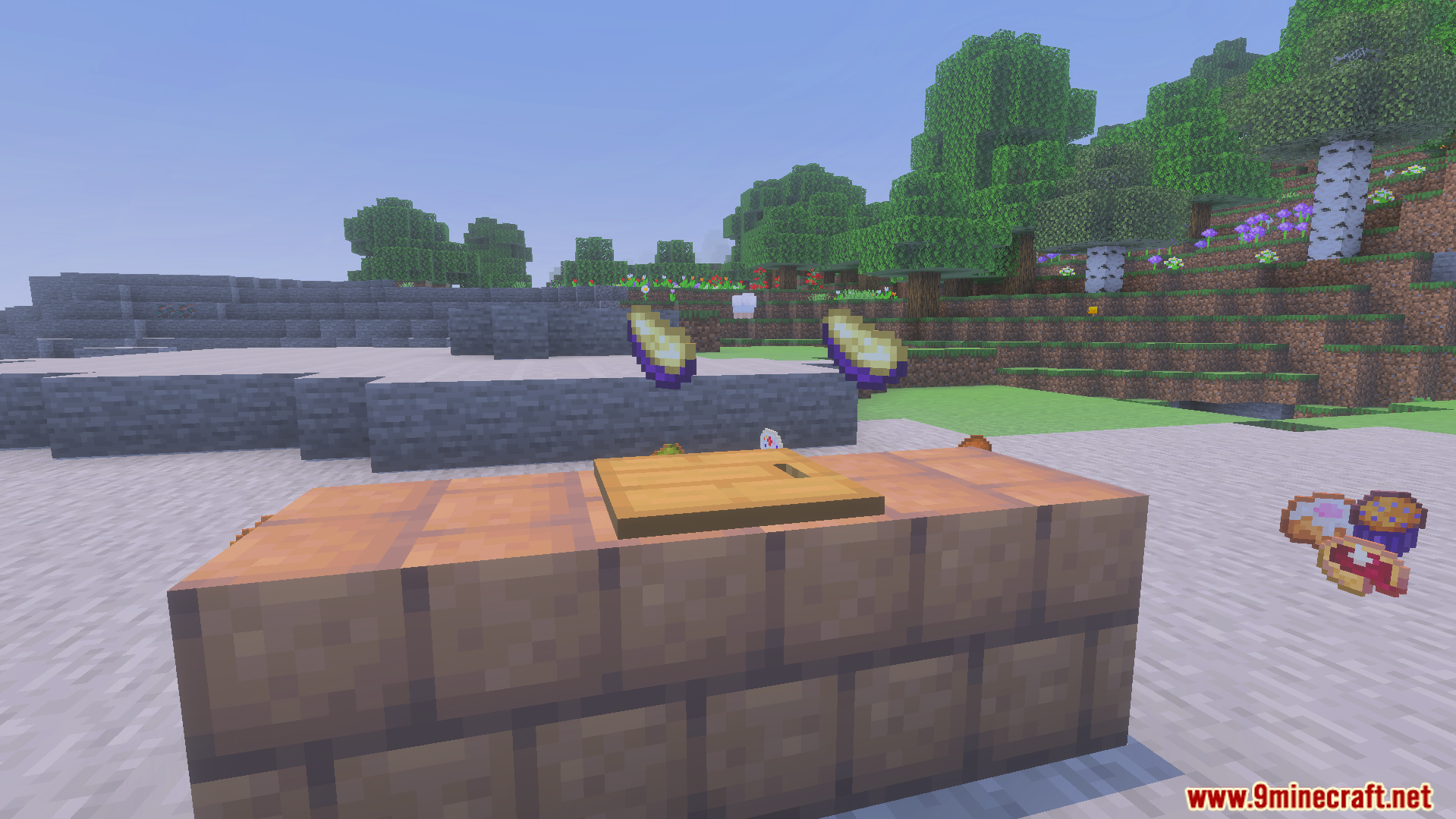 Loyallays Food Expansion Addon Screenshot 11 Wooden cutting board on blocks with new food items and pies nearby