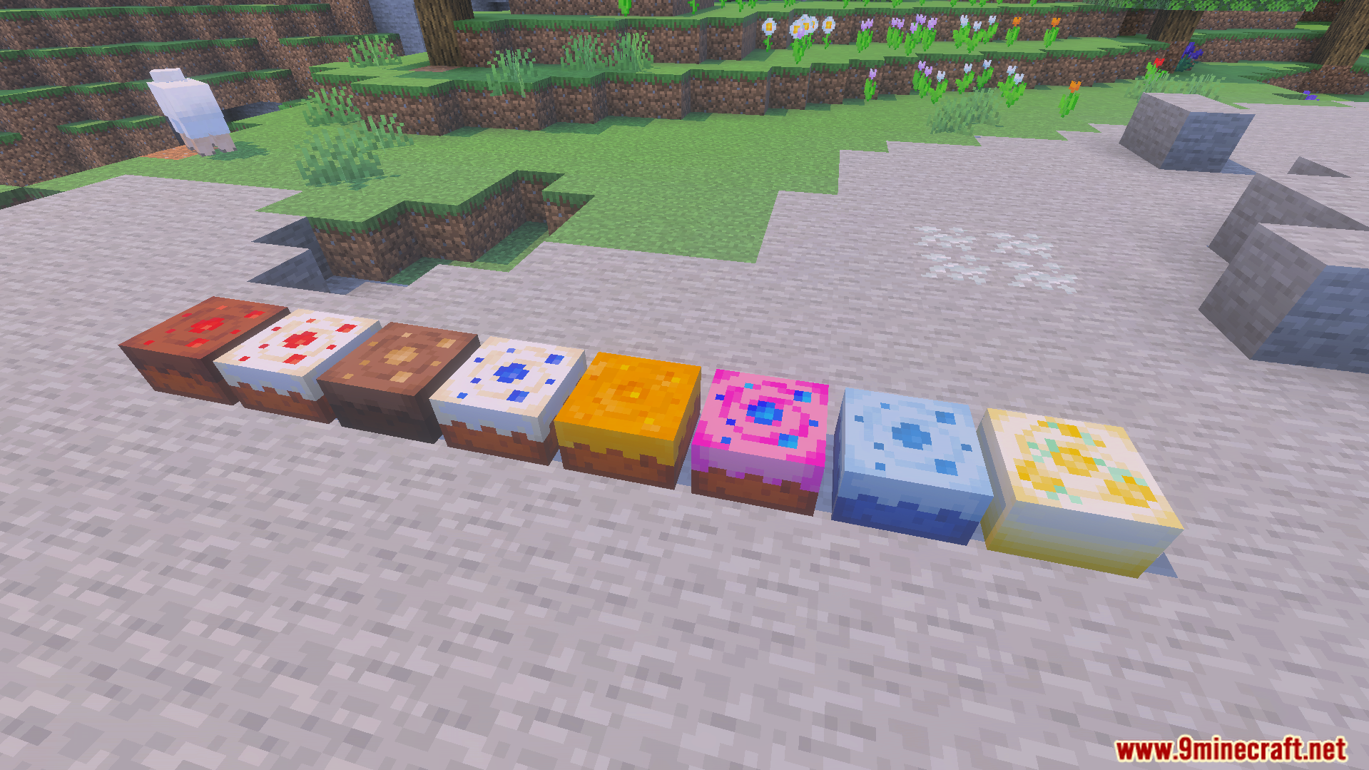 Loyallays Food Expansion Addon Screenshot 6 Several unique colorful cake blocks placed in a line on the ground
