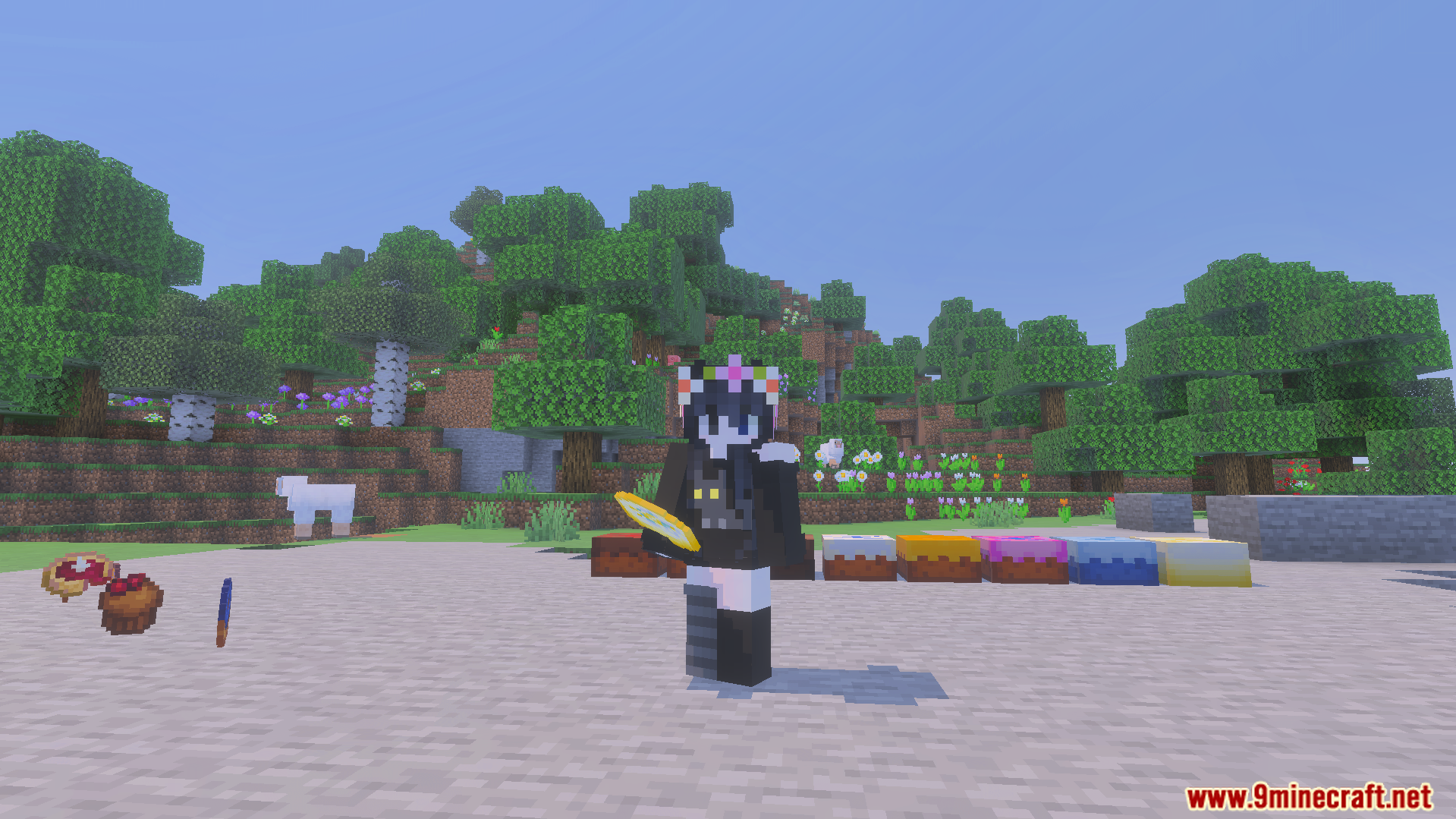 Loyallays Food Expansion Addon Screenshot 7 Player holding a yellow item near various cakes and food items on the ground