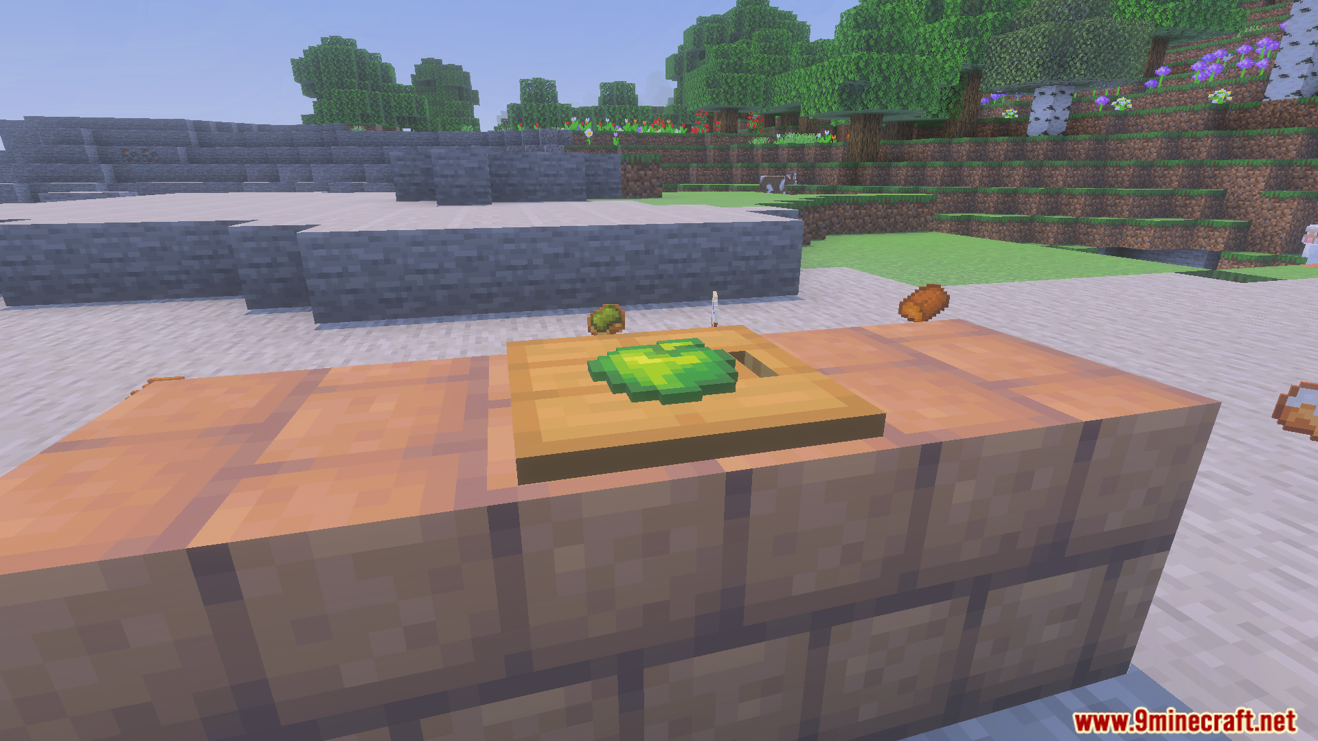 Loyallays Food Expansion Addon Screenshot 8 A green apple item placed on a wooden pressure plate on stone bricks