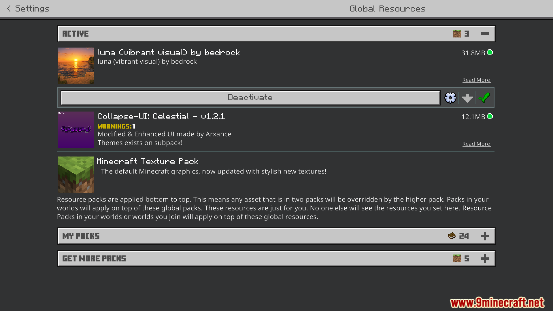 Luna Vibrant Visual Shader Screenshot 1 Settings menu showing active resource packs including Luna Vibrant Visual