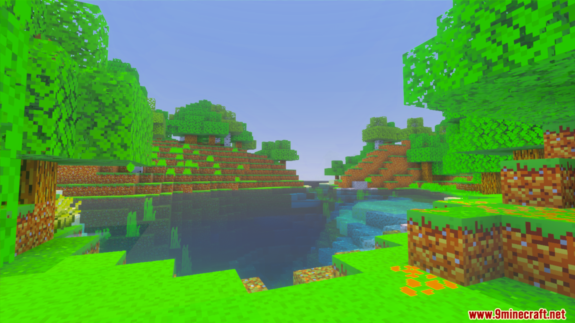 Luna Vibrant Visual Shader Screenshot 4 Lush green landscape with trees and a small pond