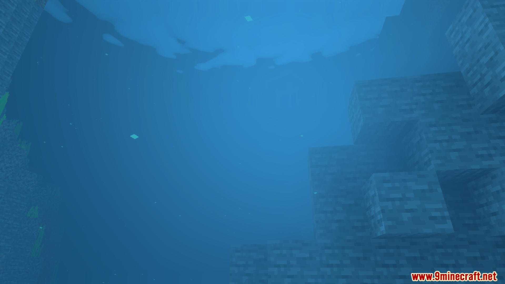 Luna Vibrant Visual Shader Screenshot 6 Underwater view showing blue water and stone blocks on the seabed