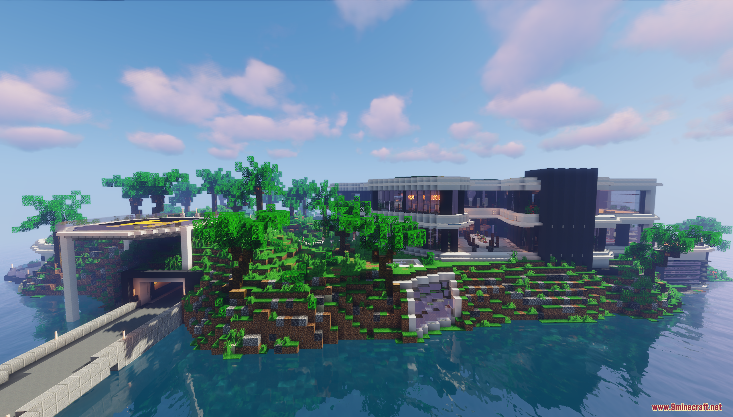 A modern mansion built on a lush tropical island