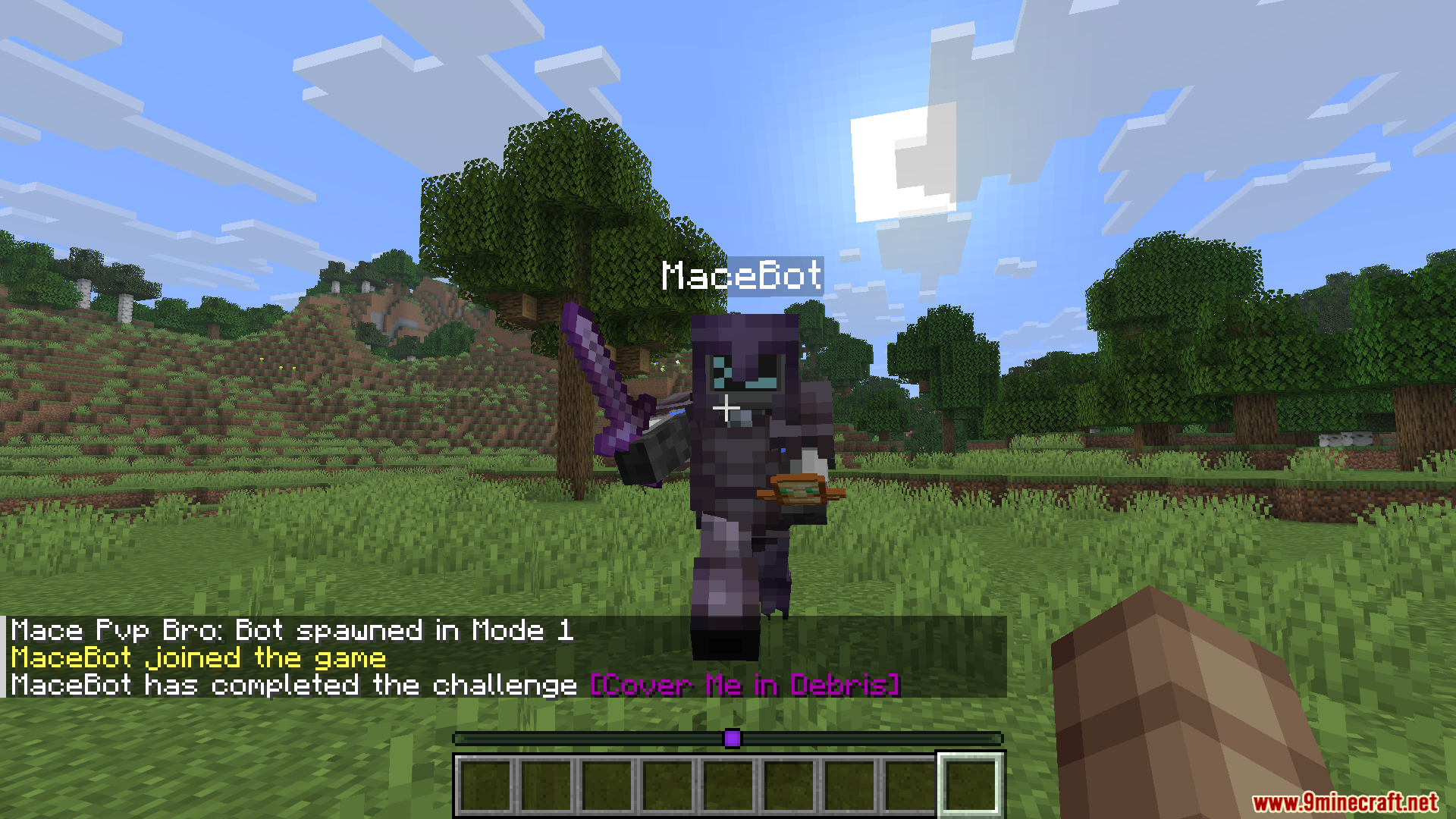 Mace PVP Traning Bot Mod Screenshot 2 A training bot wearing netherite armor holding an enchanted sword and shield