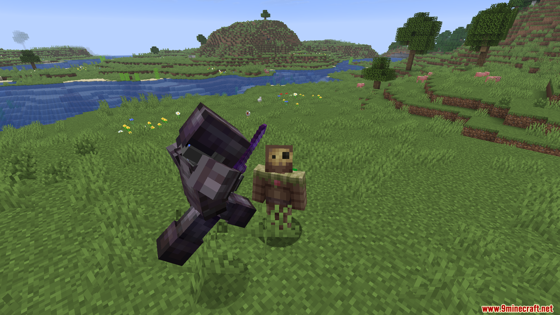 Mace PVP Traning Bot Mod Screenshot 3 Player in netherite armor jumping to attack a wooden training bot