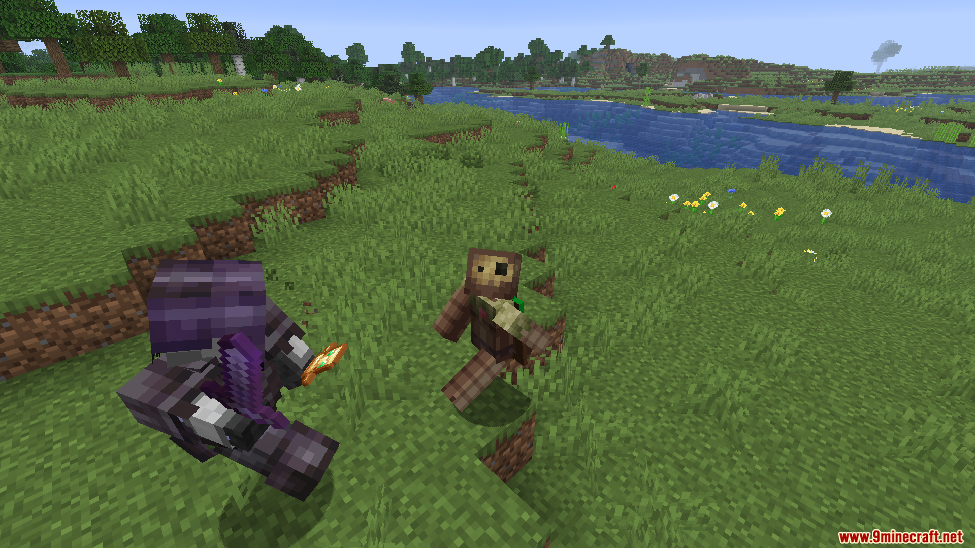 Mace PVP Traning Bot Mod Screenshot 4 Armored player holding a totem while fighting a training bot near water