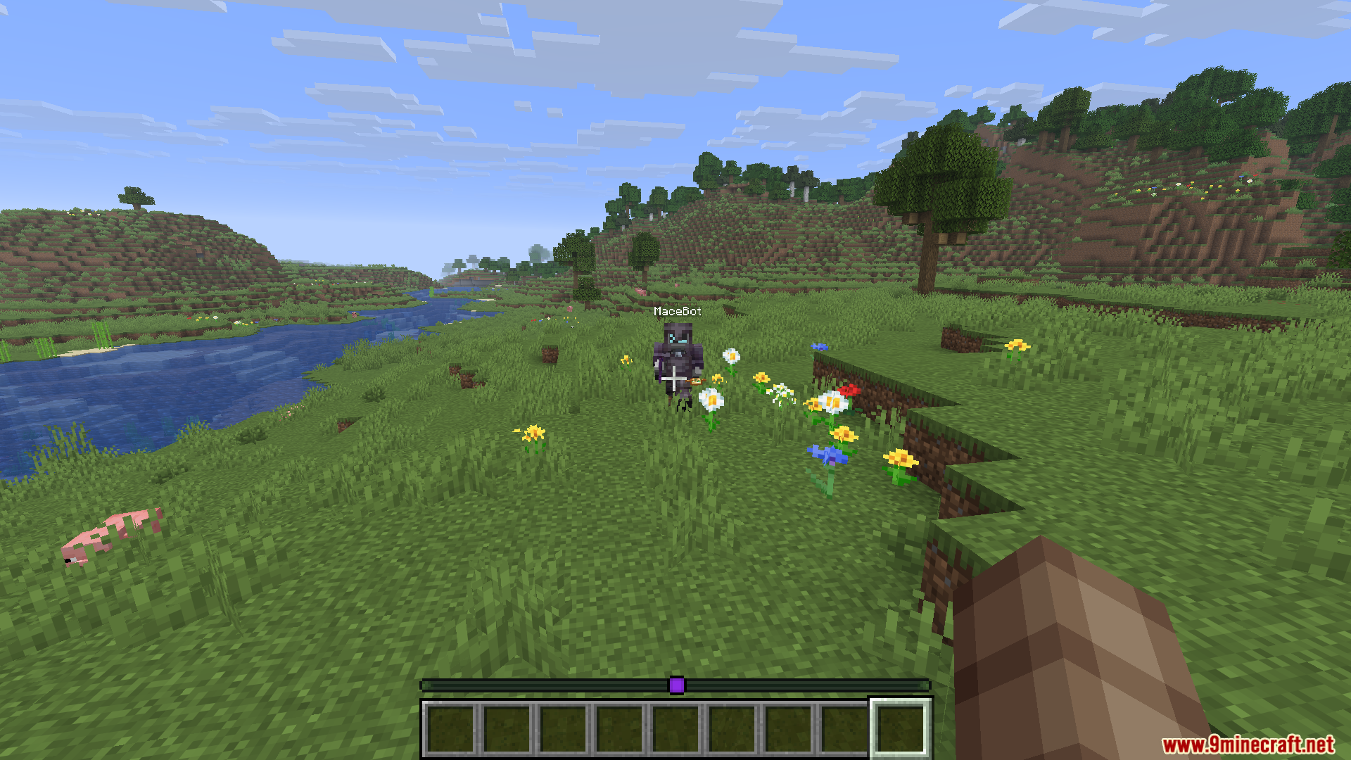 Mace PVP Traning Bot Mod Screenshot 5 Player looking at an armored training bot standing in a grassy plains biome