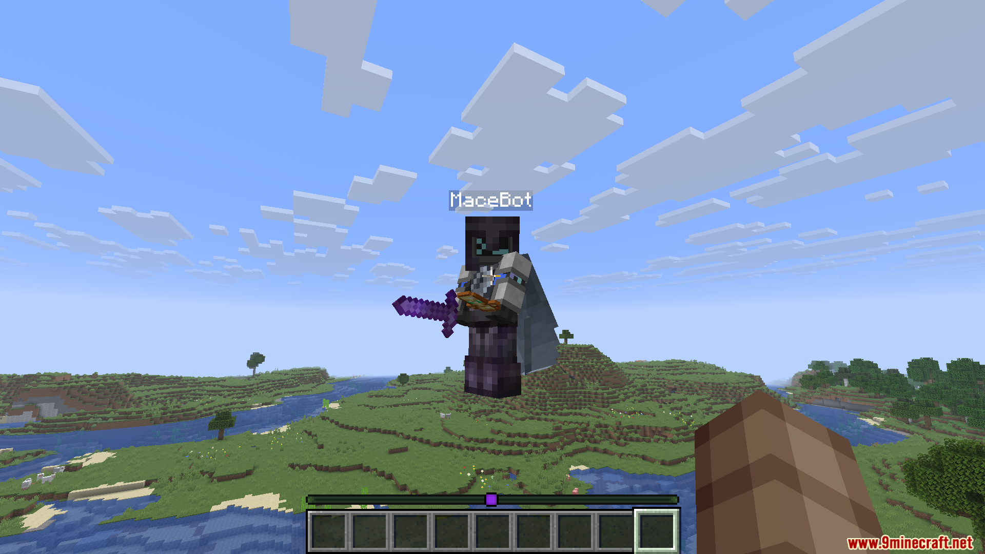 Mace PVP Traning Bot Mod Screenshot 6 Armored training bot flying in the sky with an Elytra and enchanted sword