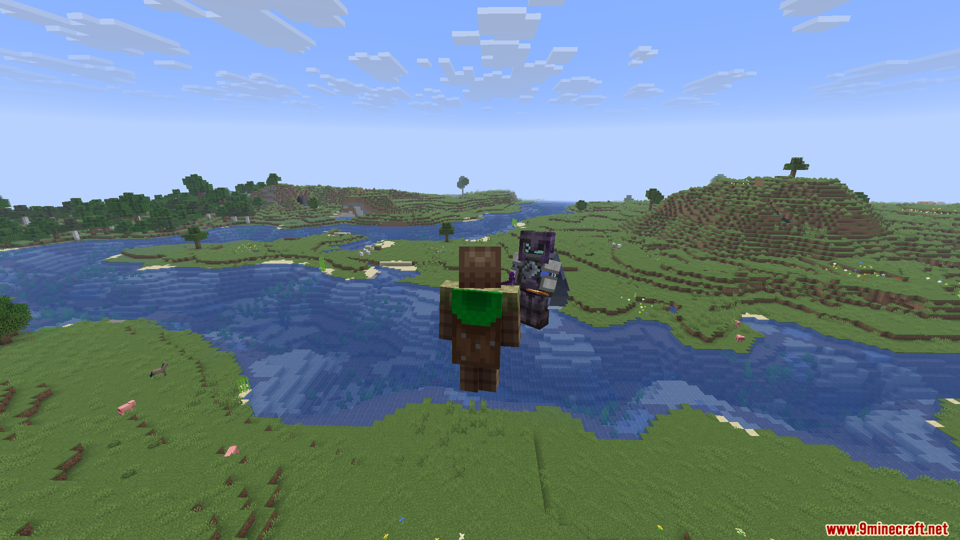 Mace PVP Traning Bot Mod Screenshot 7 Player facing an armored training bot in a grassy plains biome