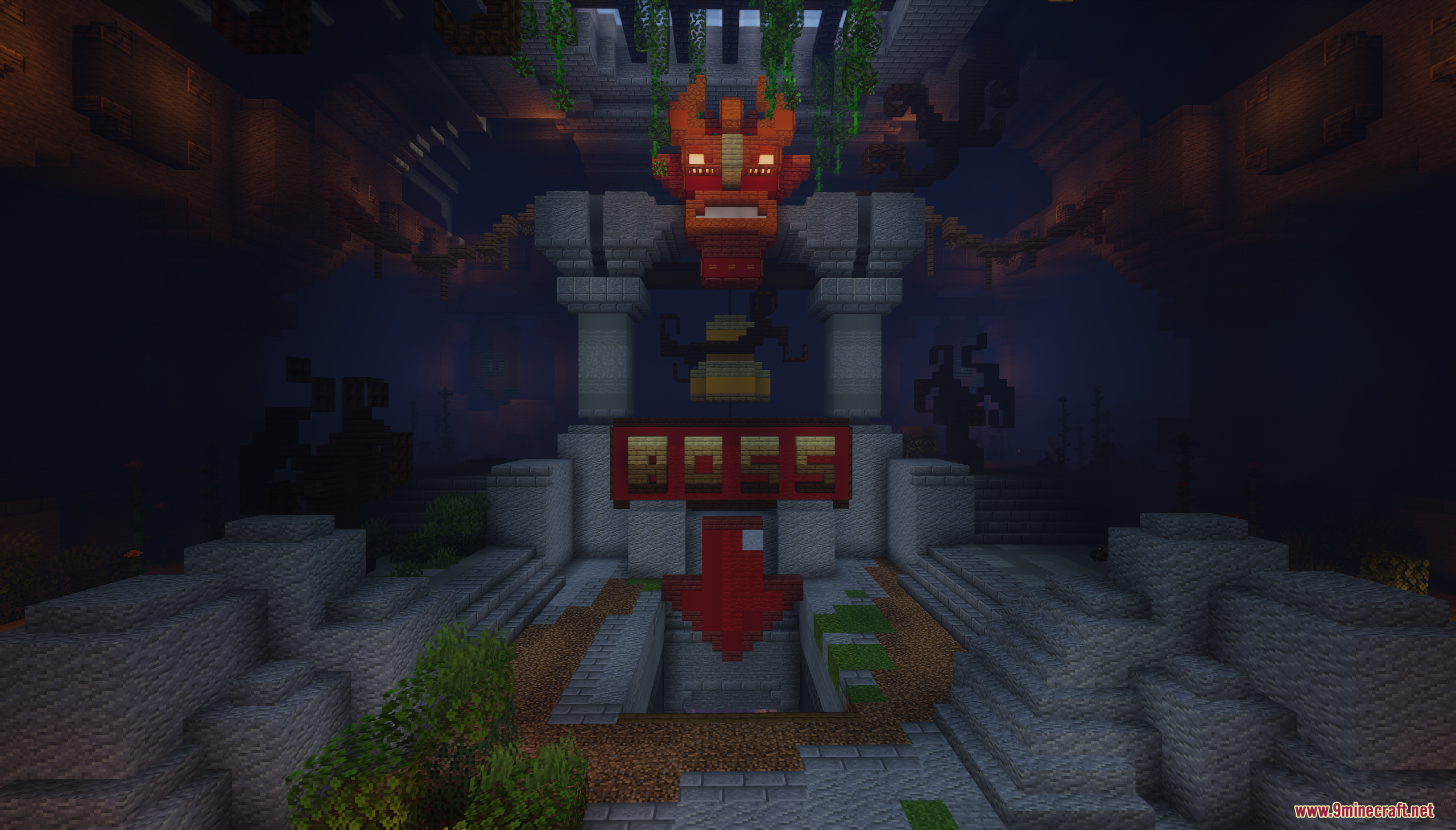 Maga Dungeon Map Screenshot 2 Dark dungeon entrance featuring a red mask and a sign labeled boss
