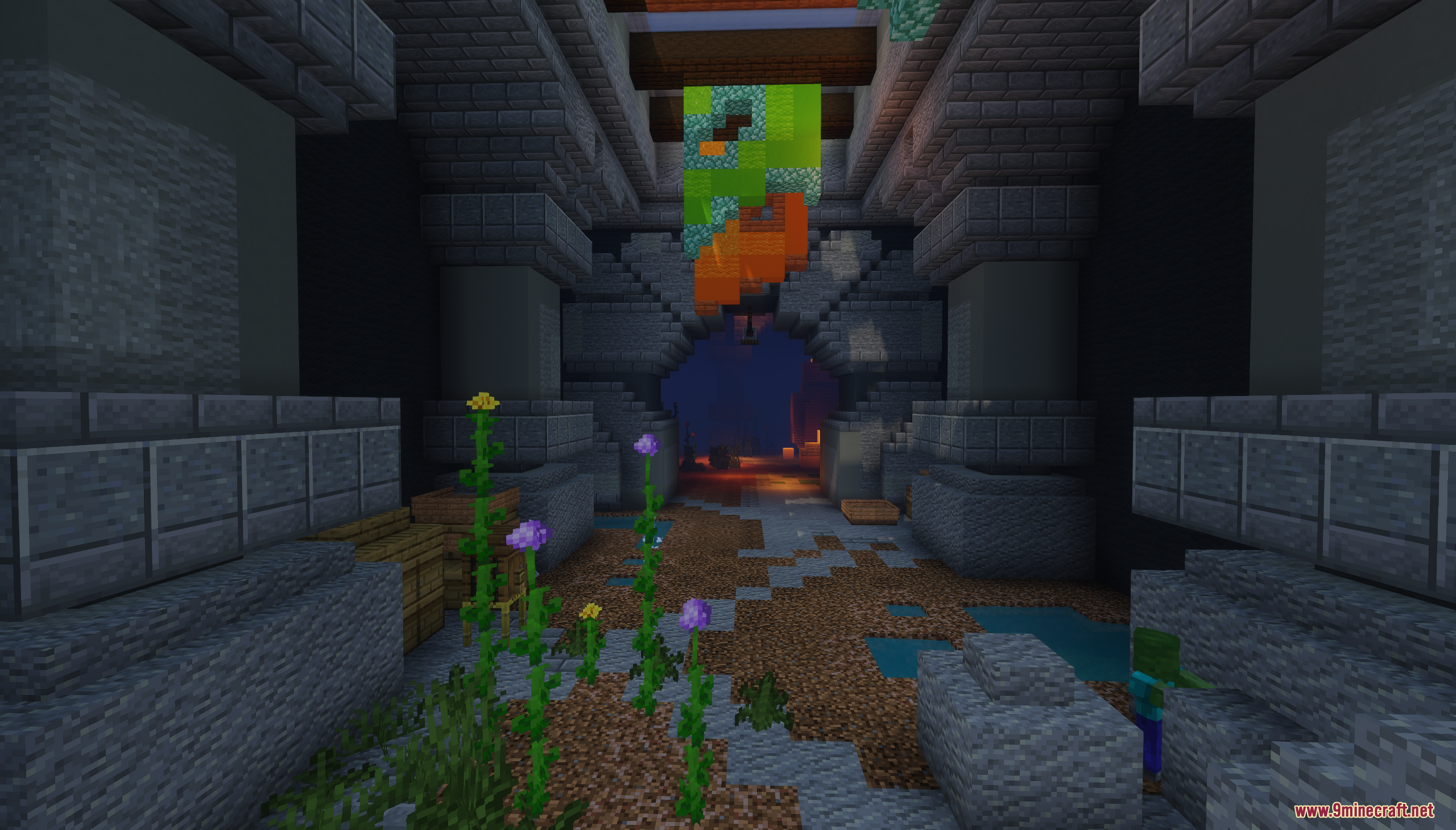 Maga Dungeon Map Screenshot 3 A stone hallway with flowers and a banner in the Maga Dungeon Map