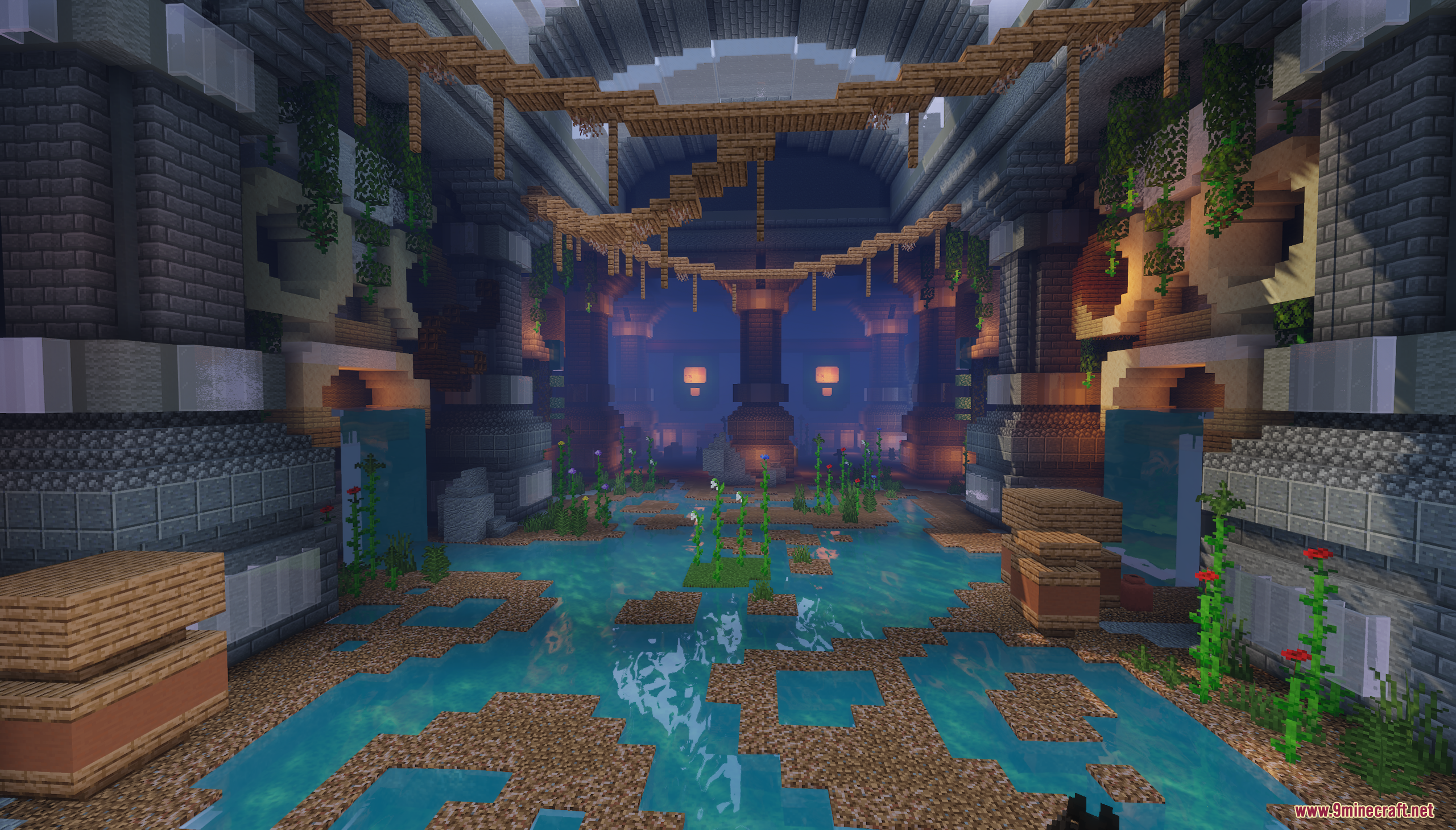 Maga Dungeon Map Screenshot 4 A massive flooded stone hall with hanging wooden bridges and green vines