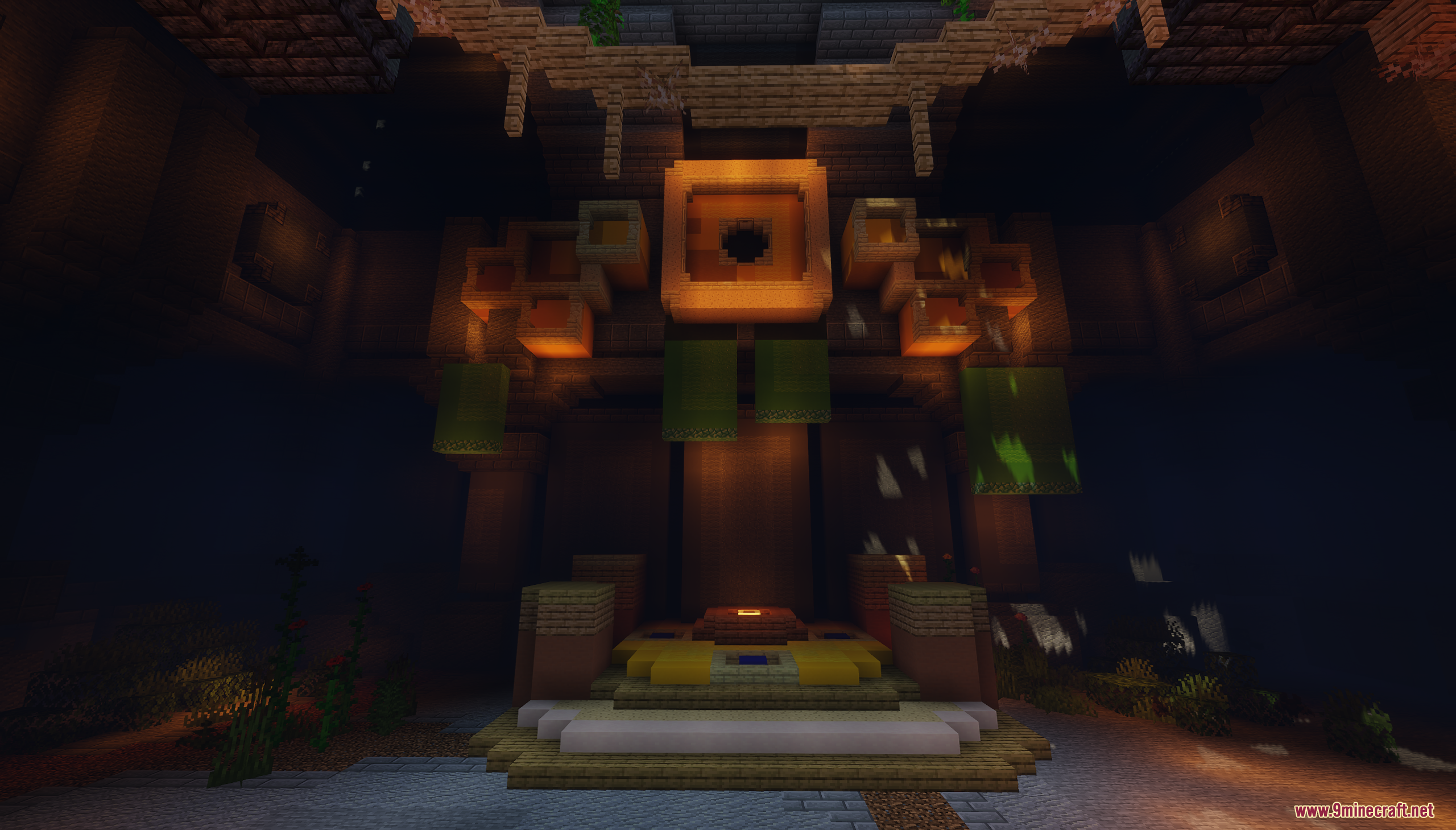 Maga Dungeon Map Screenshot 5 A dark underground temple with a glowing orange altar and green banners