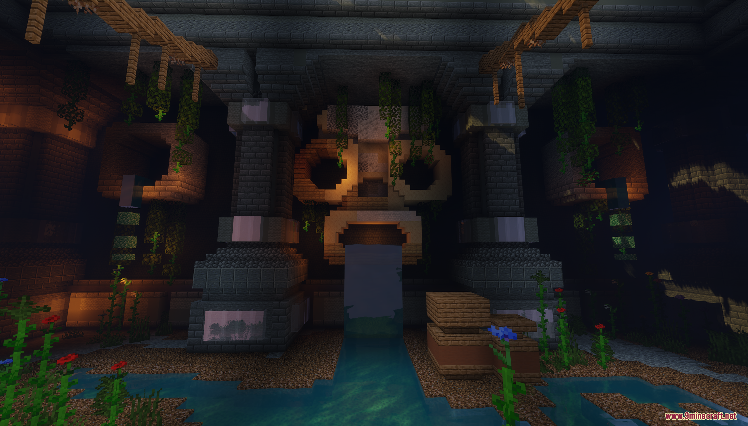 Maga Dungeon Map Screenshot 8 Water flows from a stone skull mouth into a lush underground cavern