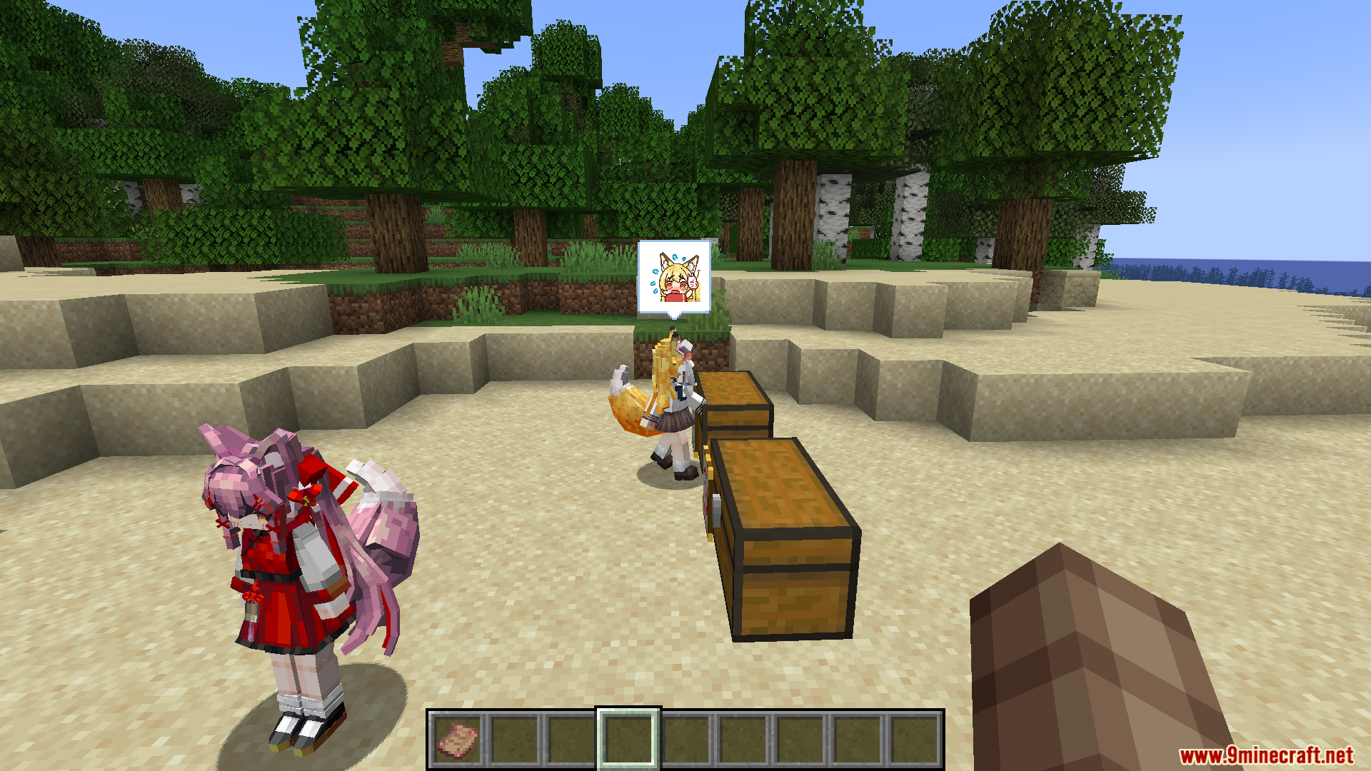 Maid Storage Manager Mod Screenshot 12 Player holding a request list near maid characters and wooden storage chests