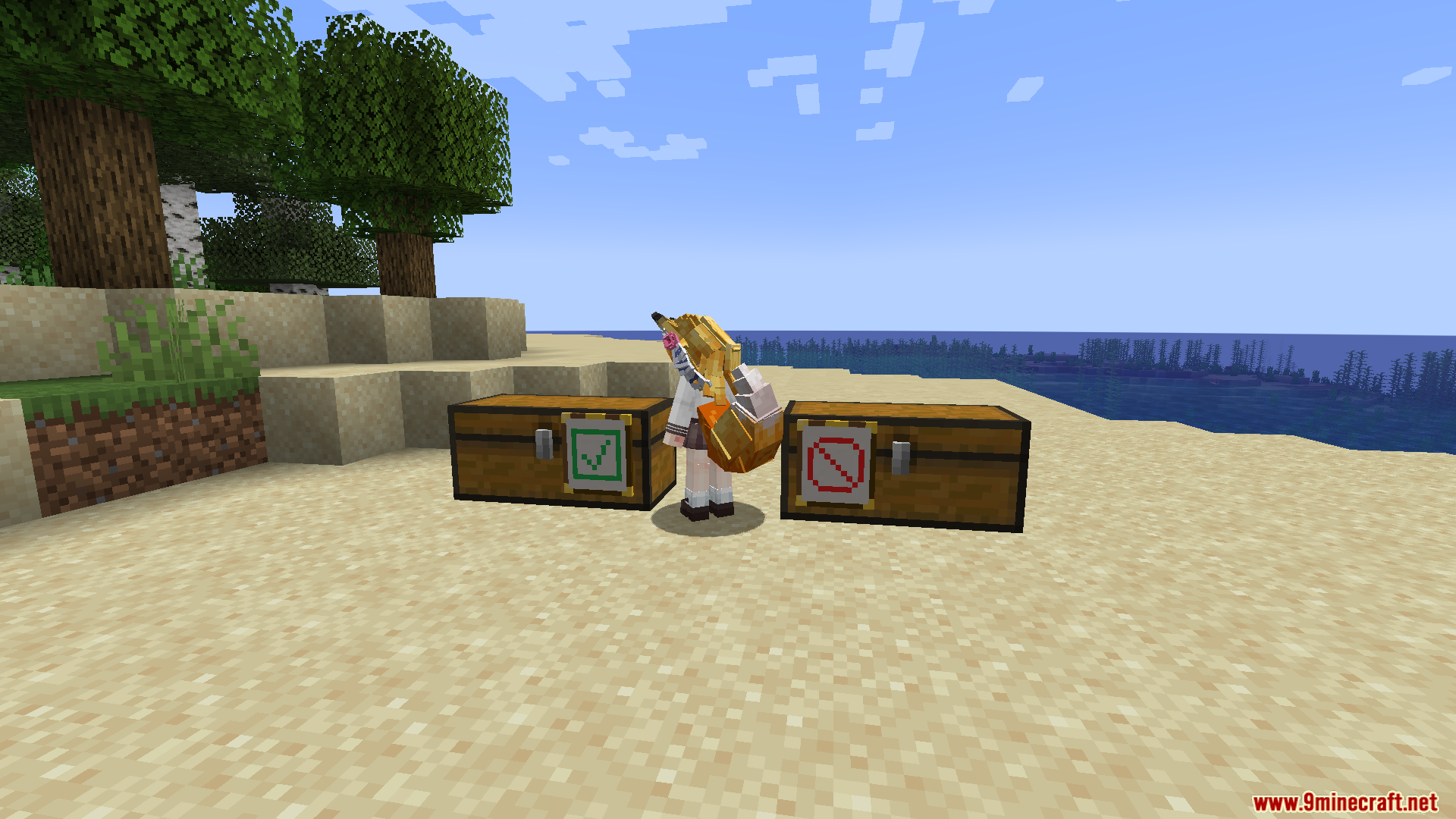 Maid Storage Manager Mod Screenshot 15 Maid character standing between two chests marked with green and red filter frames