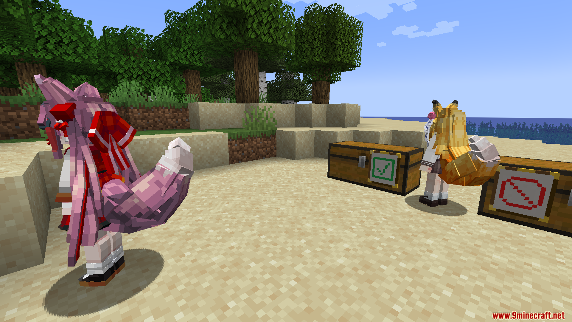 Maid Storage Manager Mod Screenshot 16 Two fox maids standing near storage chests equipped with item frame sorting filters