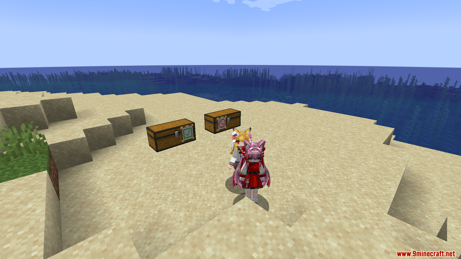 Maid Storage Manager Mod Screenshot 17 Maid characters standing near storage chests with sorting filters on a beach