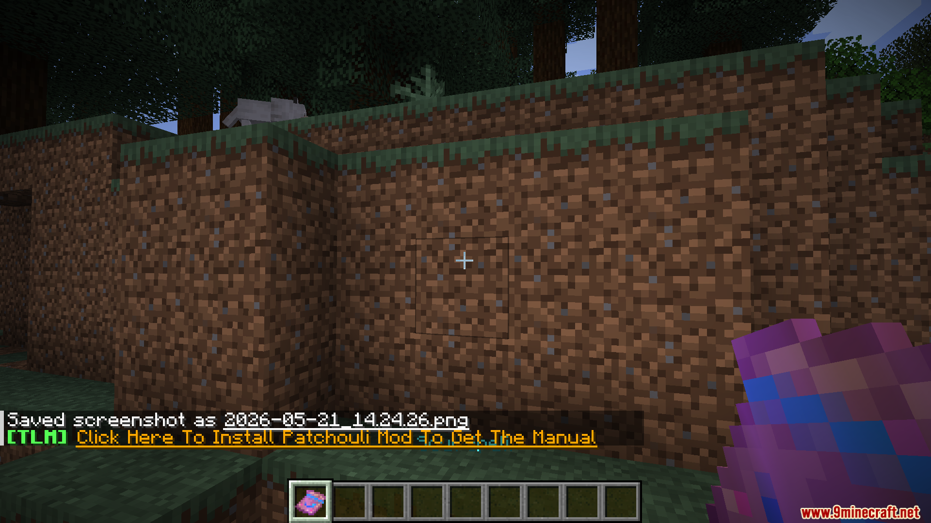 Maid Storage Manager Mod Screenshot 2 Player holding a book with a chat message about installing Patchouli