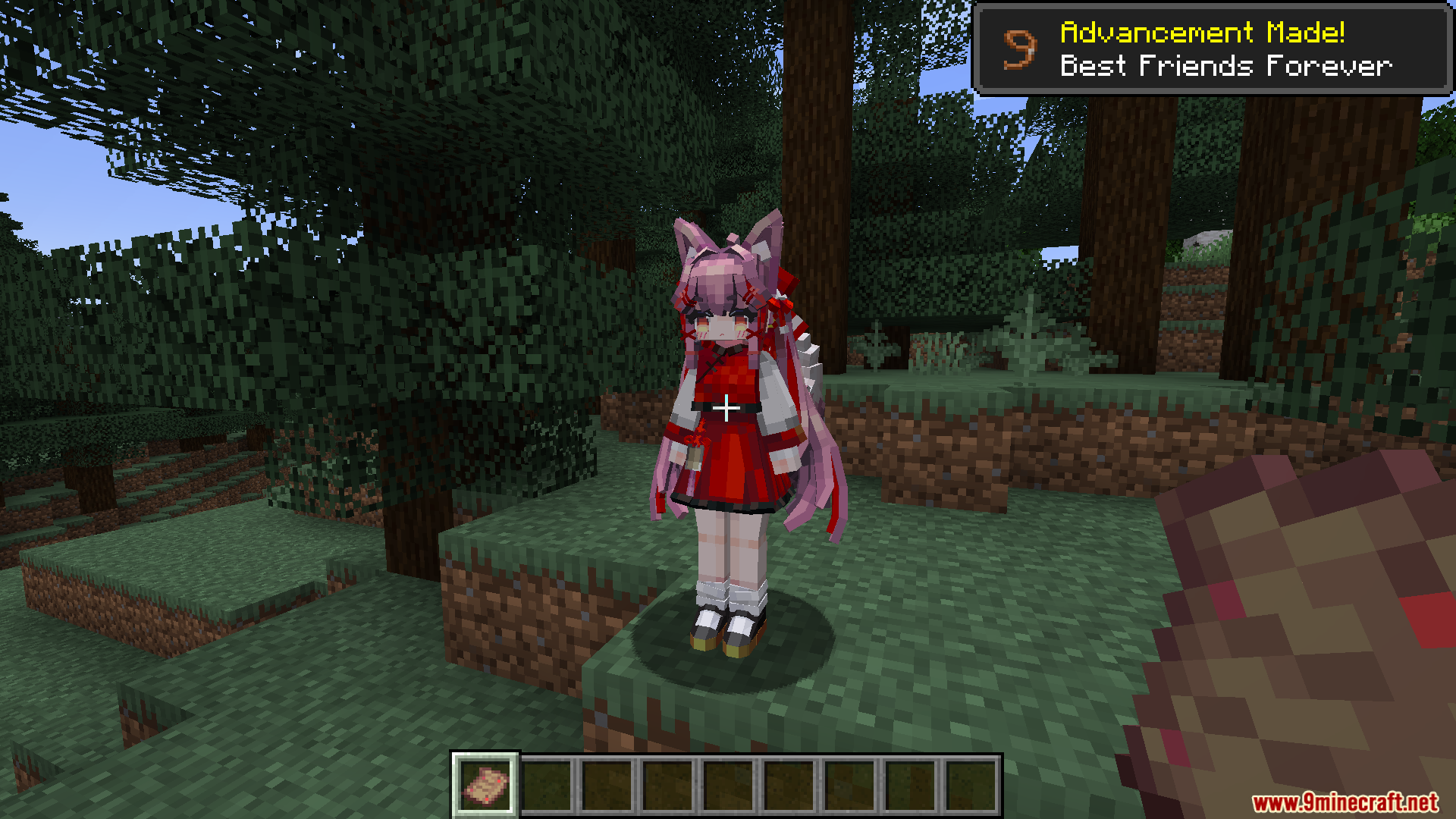 Maid Storage Manager Mod Screenshot 3 Anime style maid character standing in a forest with an advancement popup