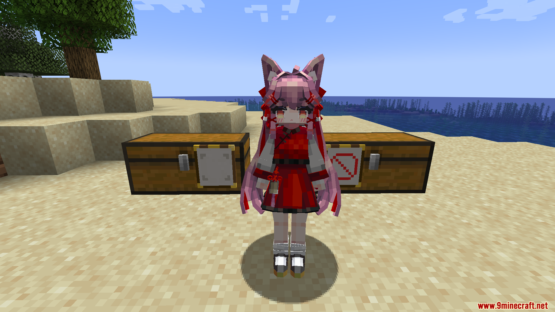 Maid Storage Manager Mod Screenshot 5 A pink-haired maid character stands between two chests on a sandy beach