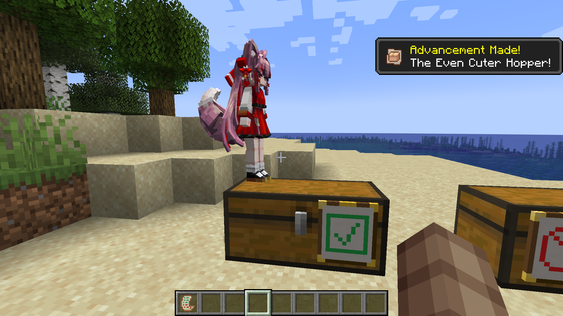Maid Storage Manager Mod Screenshot 8 Maid character standing on a storage chest marked with a green checkmark