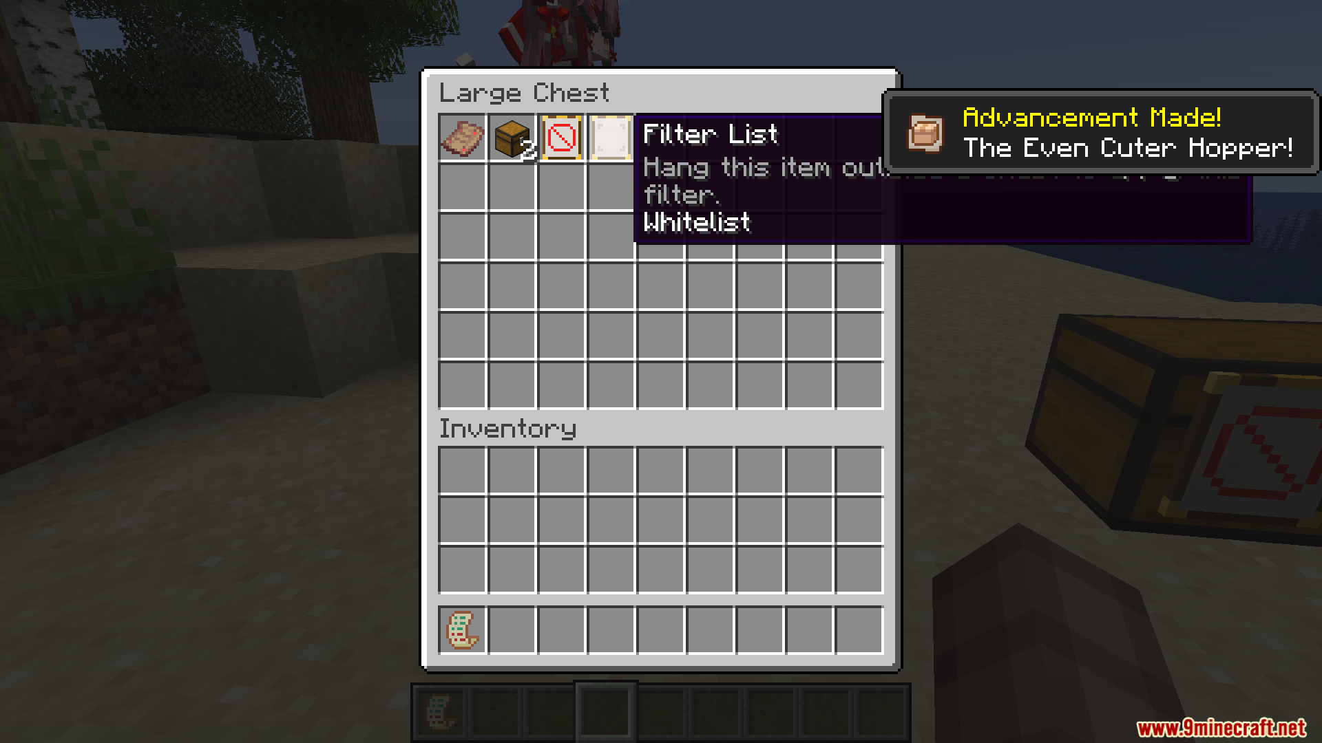 Maid Storage Manager Mod Screenshot 9 Player viewing a large chest inventory with a filter list item and advancement
