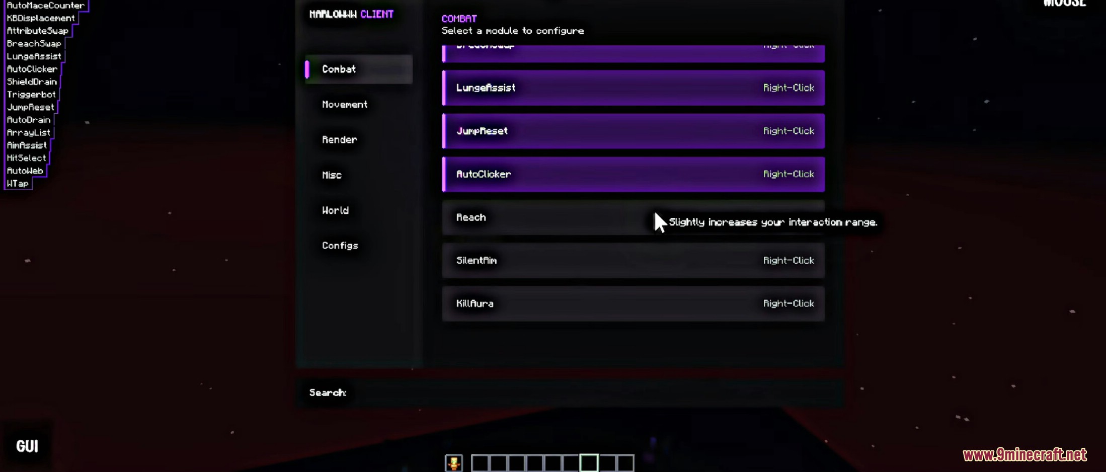Configuring the Reach module in the combat settings